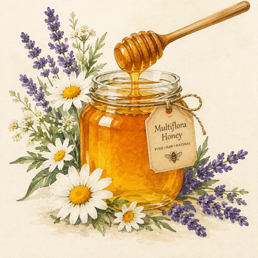 Frasco de miel multiflora con flores de temporada