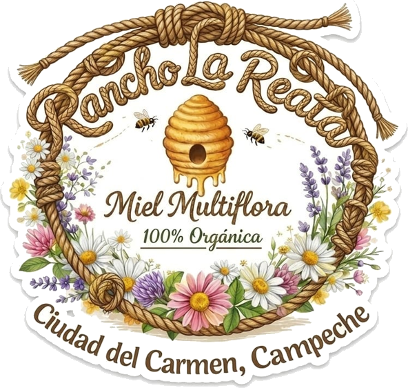 Colmena dorada rodeada de flores silvestres en acuarela, emblema de Rancho La Reata