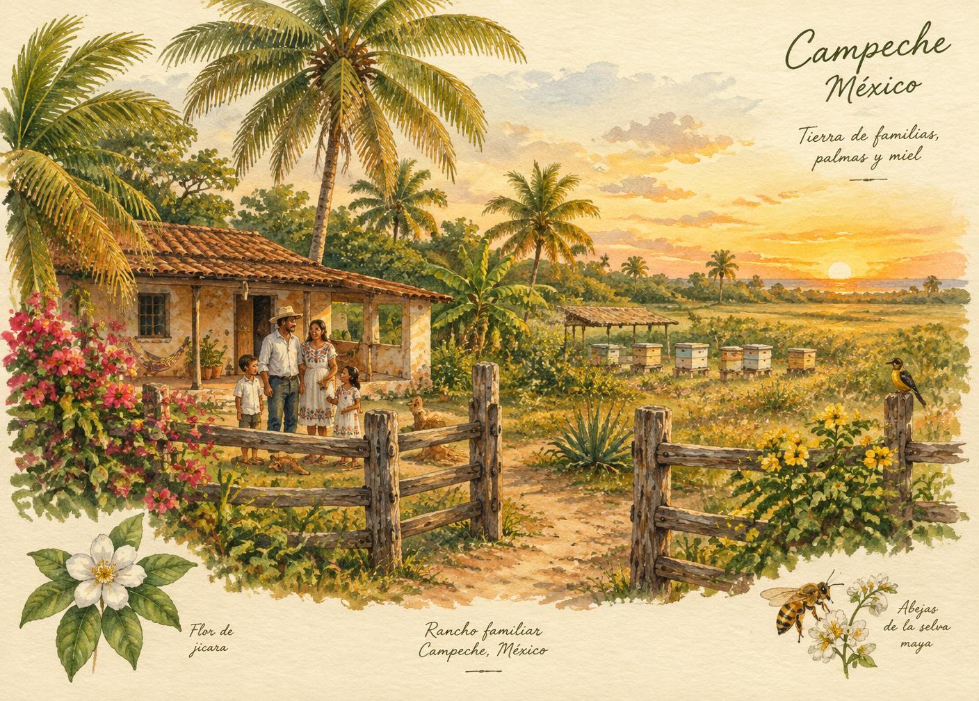 Paisaje del rancho familiar en Campeche al atardecer
